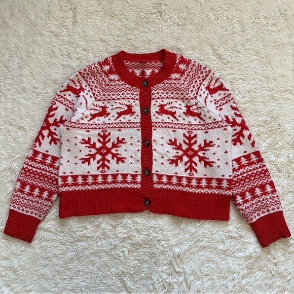 Dec. 25th Cardigan Womens Christmas Holiday Sweater Fair Isle Red White XL - Picture 3 of 11